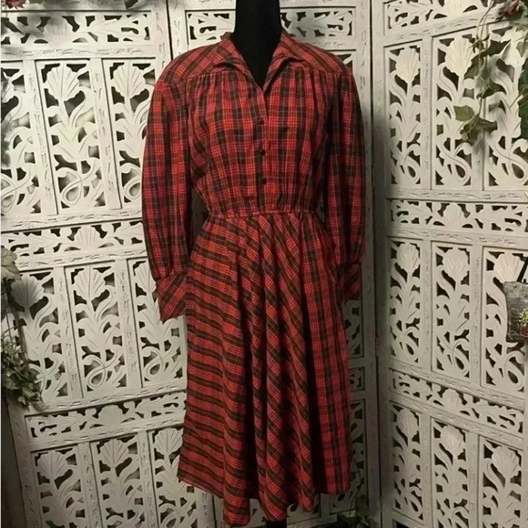 VINTAGE LESLIE FAY EXTRAORDINARY RED PLAID FIT FLARE LONG SLEEVE MIDI DRESS L - Picture 1 of 13